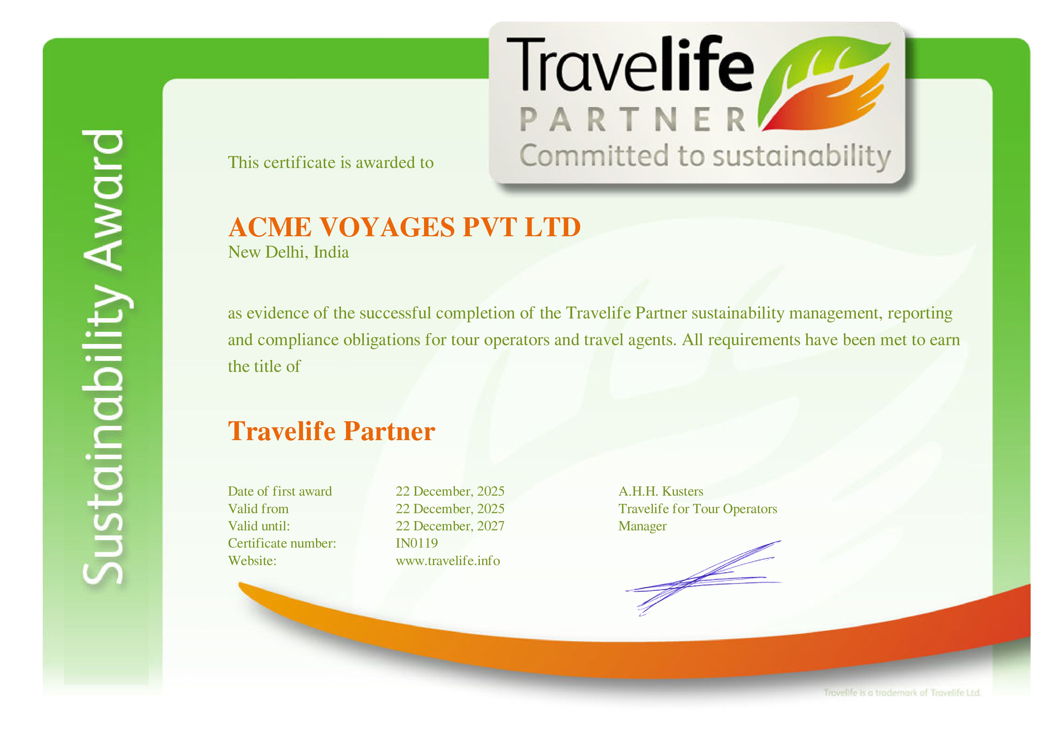 ACME Voyages certificate